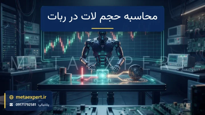 ربات پشت میز هولوگرامی که ستون سکه، خط قرمز حد ضرر و درجه دقیق با پرتو نوری به یک بلوک نورانی در حال رشد متصل‌اند برای محاسبه حجم لات در ربات