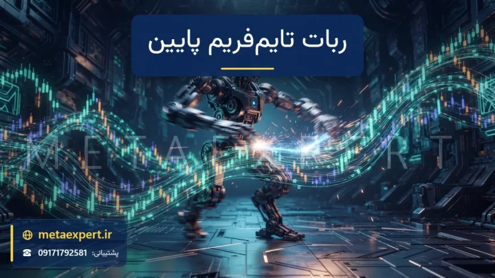 ربات چابک با ردهای حرکتی در حال واکنش به جریان سریع کندل‌های ریز نورانی که مانند رودخانه نور از کنارش می‌گذرند برای معرفی ربات تایم‌فریم پایین