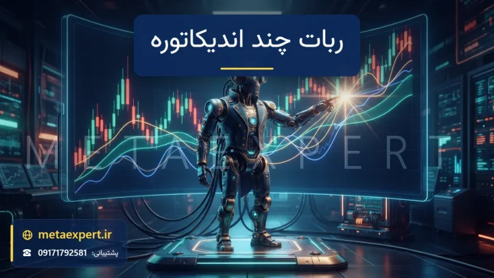 ربات رهبر ارکستر مقابل نمودار شمعی که چند خط اندیکاتور نورانی رنگارنگ در یک نقطه سیگنال درخشان به هم می‌رسند برای معرفی ربات معامله‌گر چند اندیکاتوره