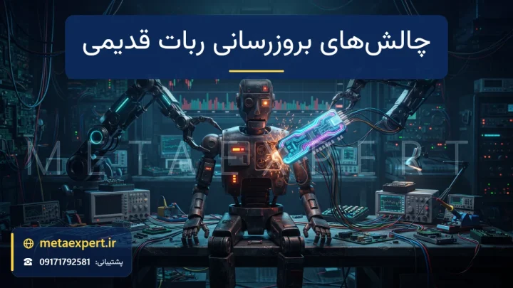 ربات قدیمی فرسوده روی میز کار در حالی که بازوهای تکنسین در نصب ماژول‌های مدرن ناسازگار با سوکت‌های آن تلاش می‌کنند برای چالش‌های بروزرسانی ربات‌های قدیمی