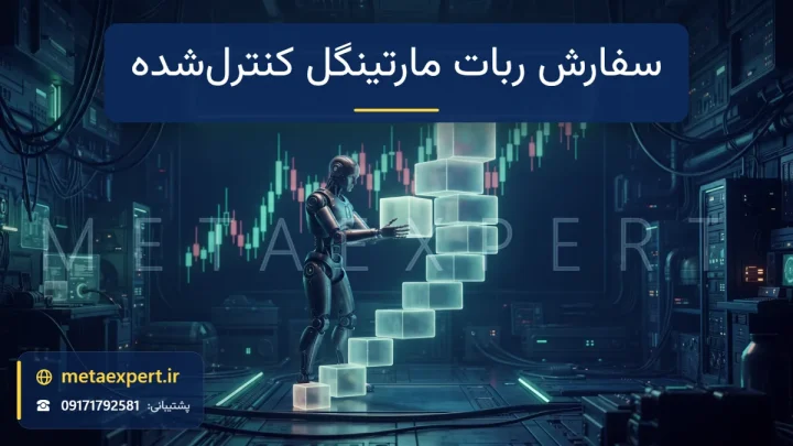 ربات سازنده در حال ساخت پلکان بلوک‌های نورانی که در هر پله دو برابر می‌شوند با مانع ایمنی محکم که ارتفاع آن را محدود می‌کند برای سفارش ربات مارتینگل با کنترل ریسک