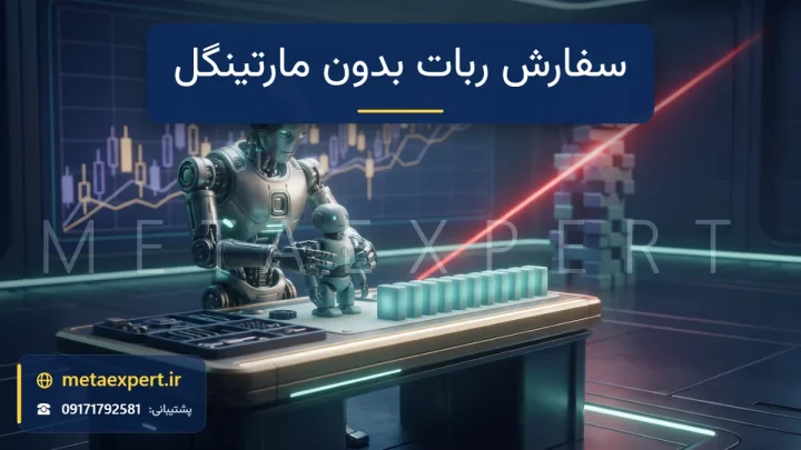 ربات سازنده در حال مونتاژ ربات آرام کنار ردیف بلوک‌های هم‌اندازه در حالی که برج بلوک‌های دوبرابرشونده در پس‌زمینه با پرتو قرمز خط خورده برای سفارش ربات بدون مارتینگل