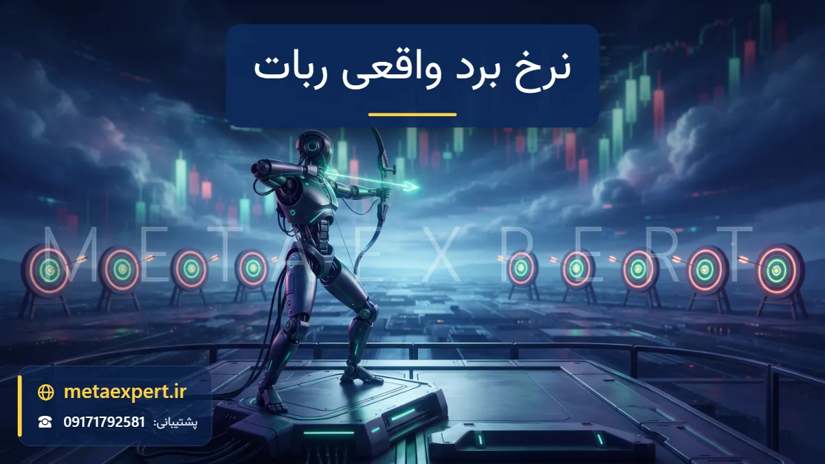 ربات کماندار در میدان آینده‌نگر در حال پرتاب پیکان‌های نورانی به اهداف که بیشتر به مرکز سبز و چند تا به قرمز می‌خورند برای بررسی نرخ برد واقعی ربات