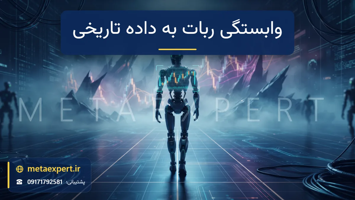 ربات در حال عقب رفتن و خیره شدن به نمودارهای گذشته بدون توجه به منظره ناآشنای نمودار جدید در مه پیش رو به نشانه ریسک وابستگی ربات به داده تاریخی