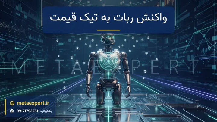 ربات با حسگرهای نورانی زیر باران قطره‌های ریز نور از نمودار زنده که هر قطره موجی در هسته سینه آن ایجاد می‌کند برای واکنش ربات به تیک‌های قیمت