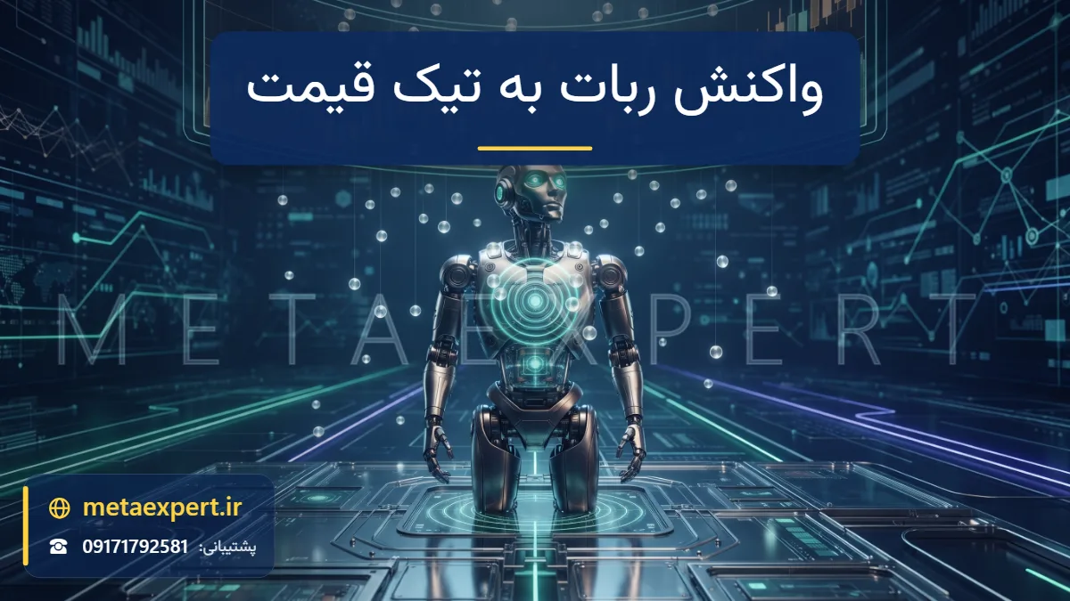 ربات با حسگرهای نورانی زیر باران قطره‌های ریز نور از نمودار زنده که هر قطره موجی در هسته سینه آن ایجاد می‌کند برای واکنش ربات به تیک‌های قیمت