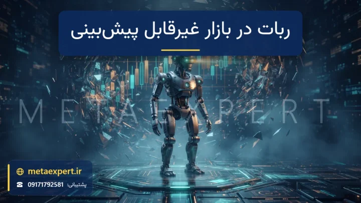 ربات روی سکو در مه چرخان نورانی که نمودار شمعی دور آن به قطعات آشفته و جدا تبدیل شده به نشانه معایب عملکرد ربات در بازار غیرقابل پیش‌بینی