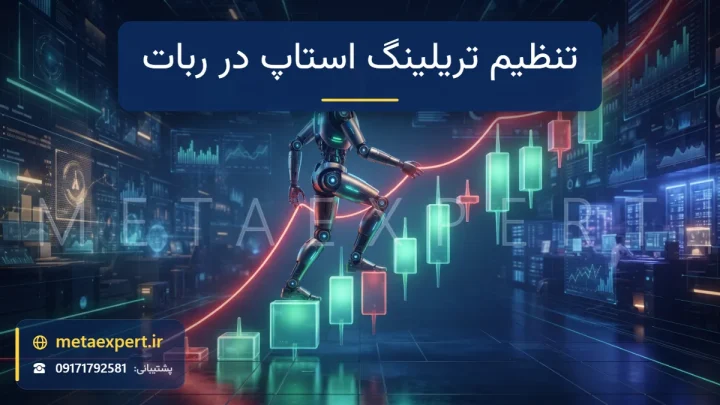 ربات در حال بالا رفتن از پلکان نمودار شمعی صعودی با طناب نورانی قرمز ایمنی که یک پله پشت سر آن قفل می‌شود برای تنظیم تریلینگ استاپ در ربات