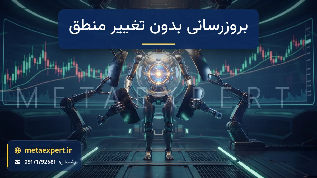 ربات در جایگاه سرویس که بازوهای مکانیکی پنل‌های بیرونی آن را عوض می‌کنند در حالی که هسته نورانی سینه داخل کره شفاف محافظ دست‌نخورده می‌ماند برای بروزرسانی ربات بدون تغییر منطق