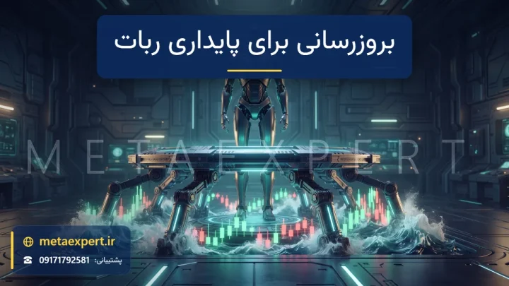 ربات ایستاده محکم روی سکوی نورانی پایدار در حالی که بازوهای تکنسین ستون‌های نگهدارنده زیر آن را محکم می‌کنند و موج‌های کندل بی‌اثر به پایه می‌خورند برای بروزرسانی ربات برای پایداری