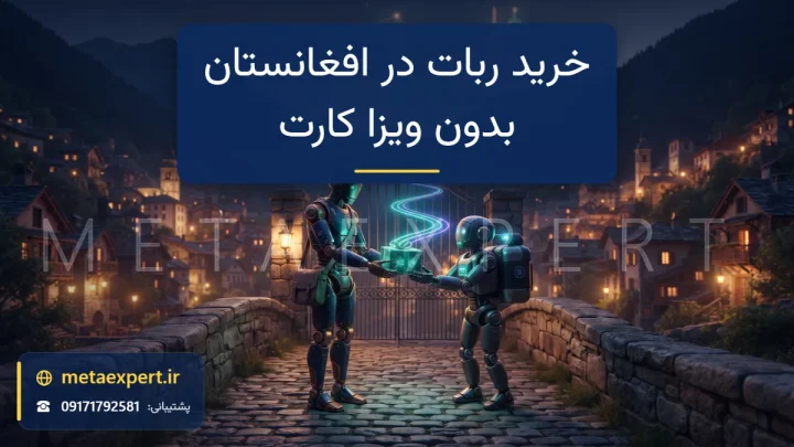 ربات مسافر در شهری کوهستانی در غروب در حال دریافت بسته نورانی از ربات پیک از مسیری جایگزین که از کنار دروازه بسته می‌گذرد برای خرید ربات فارکس در افغانستان بدون ویزا کارت