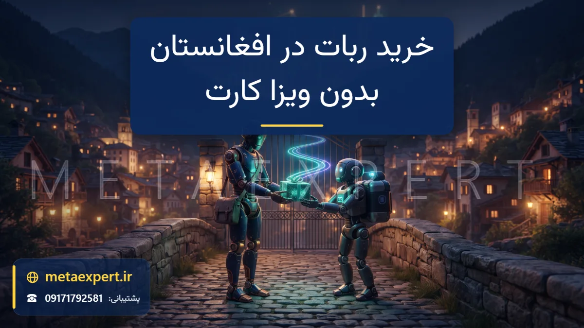 ربات مسافر در شهری کوهستانی در غروب در حال دریافت بسته نورانی از ربات پیک از مسیری جایگزین که از کنار دروازه بسته می‌گذرد برای خرید ربات فارکس در افغانستان بدون ویزا کارت