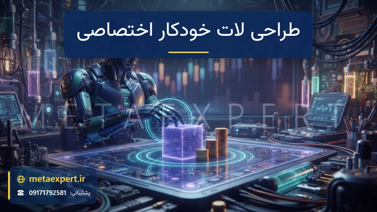 ربات مهندس پشت میز هولوگرامی در حال شکل دادن بلوک نورانی که با رشد و کاهش ستون سکه کنار آن اندازه‌اش تغییر می‌کند با حلقه کنترل نوری برای طراحی لات خودکار اختصاصی
