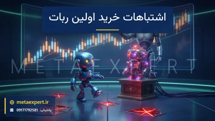 ربات تازه‌کار در حال حرکت مشتاقانه به سمت ربات پرزرق‌وبرق روی سکو بدون توجه به چاله‌های قرمز کف و ربات باتجربه‌ای که هشدار می‌دهد برای اشتباهات رایج خرید اولین ربات فارکس