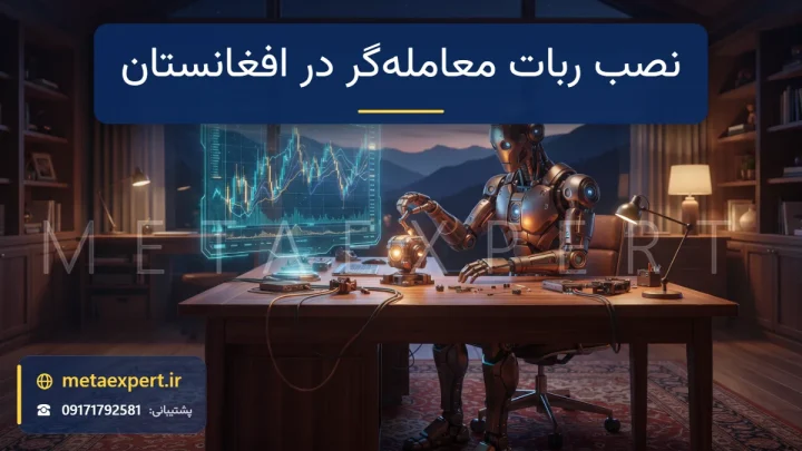 ربات تکنسین پشت میز چوبی در اتاقی گرم با فرش و منظره کوه در حال اتصال ماژول نورانی ربات به هولوگرام ترمینال معاملاتی که با نمودار شمعی روشن می‌شود برای آموزش نصب ربات معامله‌گر در افغانستان