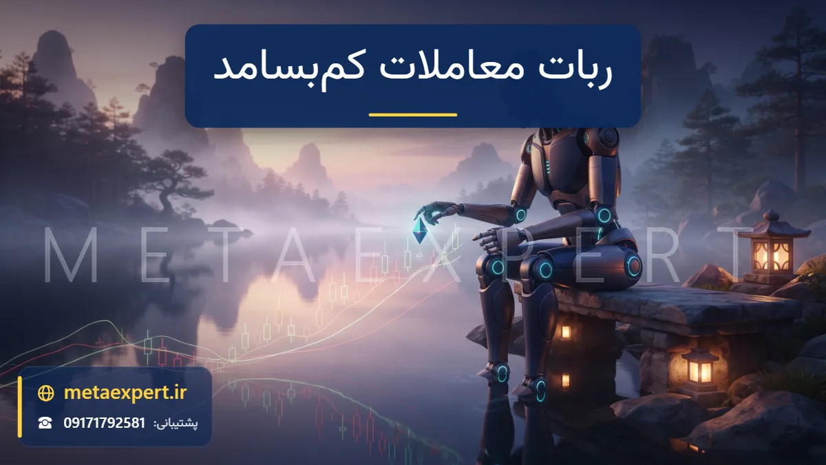 ربات آرام کنار دریاچه ساکت در سحر در حال قرار دادن یکی دو نشانگر نورانی روی نمودار شمعی آهسته که در آب منعکس شده برای معرفی ربات معاملات کم‌بسامد