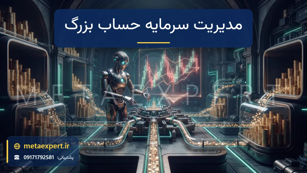 ربات خزانه‌دار در گاوصندوق بزرگ با ستون‌های سکه در محفظه‌های محافظت‌شده جدا که جریان‌های کوچک و سنجیده را به سمت نمودار هدایت می‌کند برای مدیریت سرمایه حساب‌های بزرگ