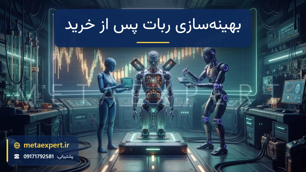 صاحب ربات و ربات تکنسین در کارگاه روشن در حال ارتقای ربات خریداری‌شده با ماژول‌های نورانی کوچک در حالی که نمودار پشت آن هموارتر و صعودی‌تر می‌شود برای بهینه‌سازی ربات پس از خرید
