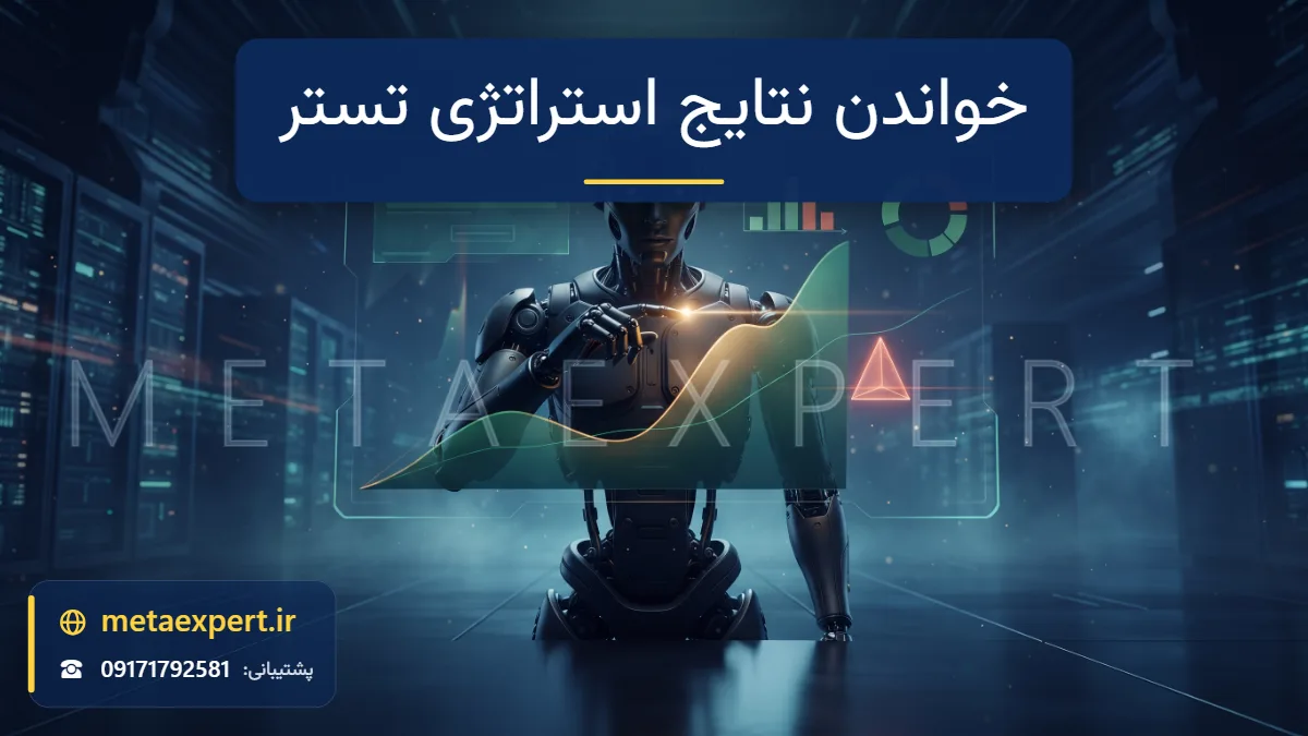 ربات تحلیلگر در حال بررسی گزارش هولوگرامی شناور از منحنی موجودی، ستون‌ها، دایره سبز و قرمز و نشانگر افت با اشاره پرتو نور برای خواندن نتایج استراتژی تستر