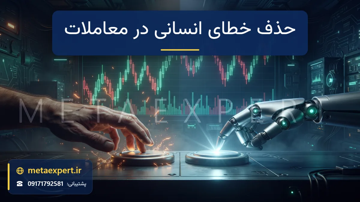 دست خسته انسان در حال لرزیدن روی دکمه نورانی با جرقه‌های پراکنده در یک سمت و دست ثابت ربات در حال فشردن دقیق همان دکمه در سمت دیگر برای مزیت حذف خطای انسانی در معاملات