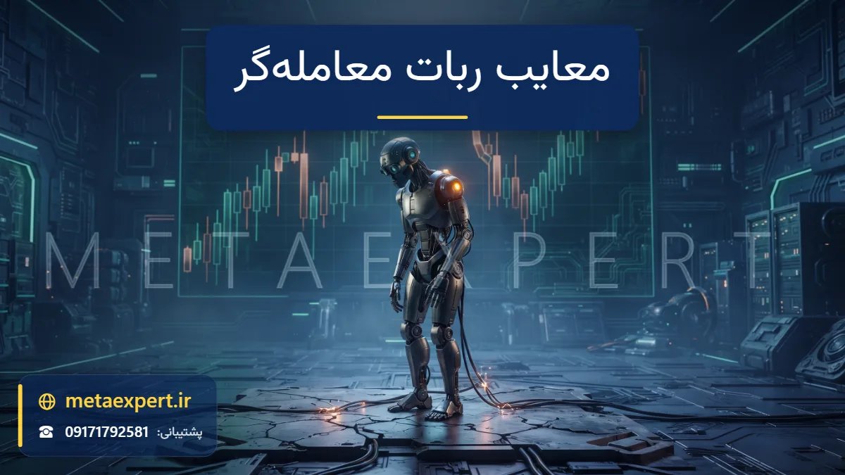 ربات تنها روی سکوی ترک‌خورده با چند کابل شل جرقه‌زن و نمودار شمعی که ناگهان تغییر جهت می‌دهد و چراغ هشدار کم‌نور روی شانه برای معایب استفاده از ربات معامله‌گر
