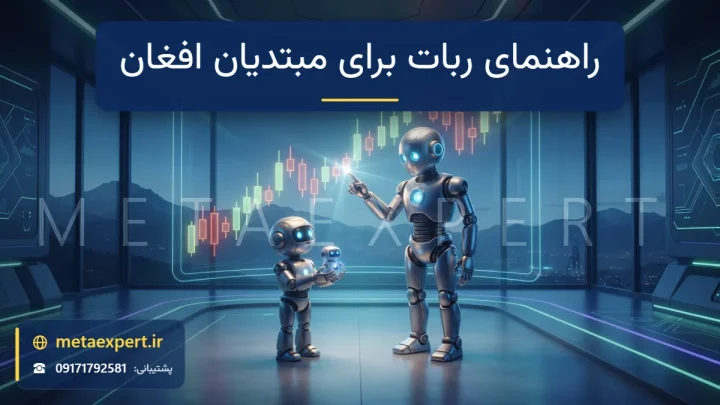 ربات معلم دوستانه کنار ربات کوچک یادگیرنده مقابل نمودار شمعی نورانی که با پرتو نور به روند صعودی اشاره می‌کند برای راهنمای استفاده از ربات معامله‌گر برای مبتدیان افغان