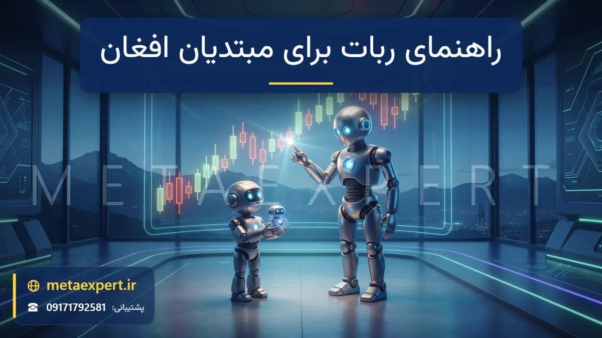 ربات معلم دوستانه کنار ربات کوچک یادگیرنده مقابل نمودار شمعی نورانی که با پرتو نور به روند صعودی اشاره می‌کند برای راهنمای استفاده از ربات معامله‌گر برای مبتدیان افغان