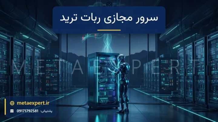 ربات تکنسین در سالن سرور تمیز در حال تنظیم رک سرور نورانی که پرتوهای آن به ربات معامله‌گر شناور با نمودار شمعی در ابر متصل است برای تنظیمات سرور مجازی ربات ترید در افغانستان