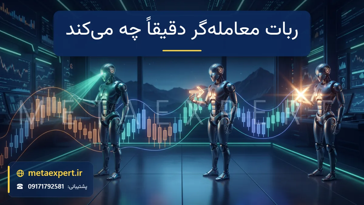 رباتی در سه مرحله نورانی کنار هم روی نمودار شمعی بلند که نمودار را اسکن می‌کند، نشانگر ورود می‌گذارد و معامله را با جرقه نور می‌بندد برای توضیح کار ربات معامله‌گر