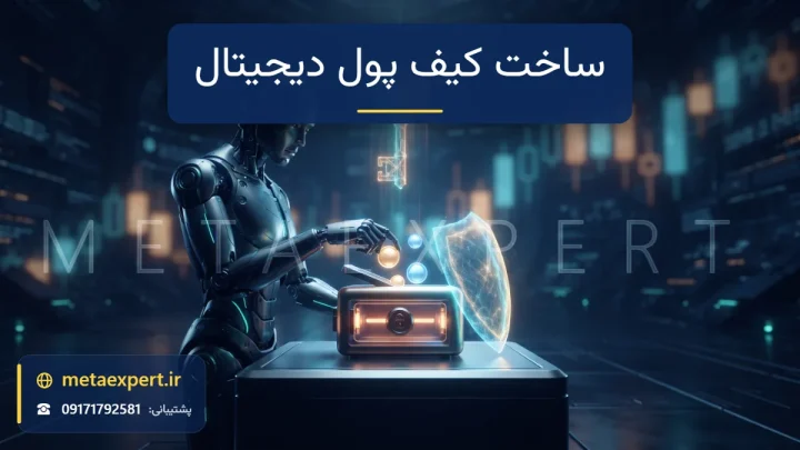 ربات در حال قرار دادن توکن‌های نورانی ساده در کیف پول کوچک گاوصندوق‌مانند که با سپر نور بسته می‌شود و کلید نورانی جداگانه بالای آن برای آموزش ساخت تراست ولت در افغانستان