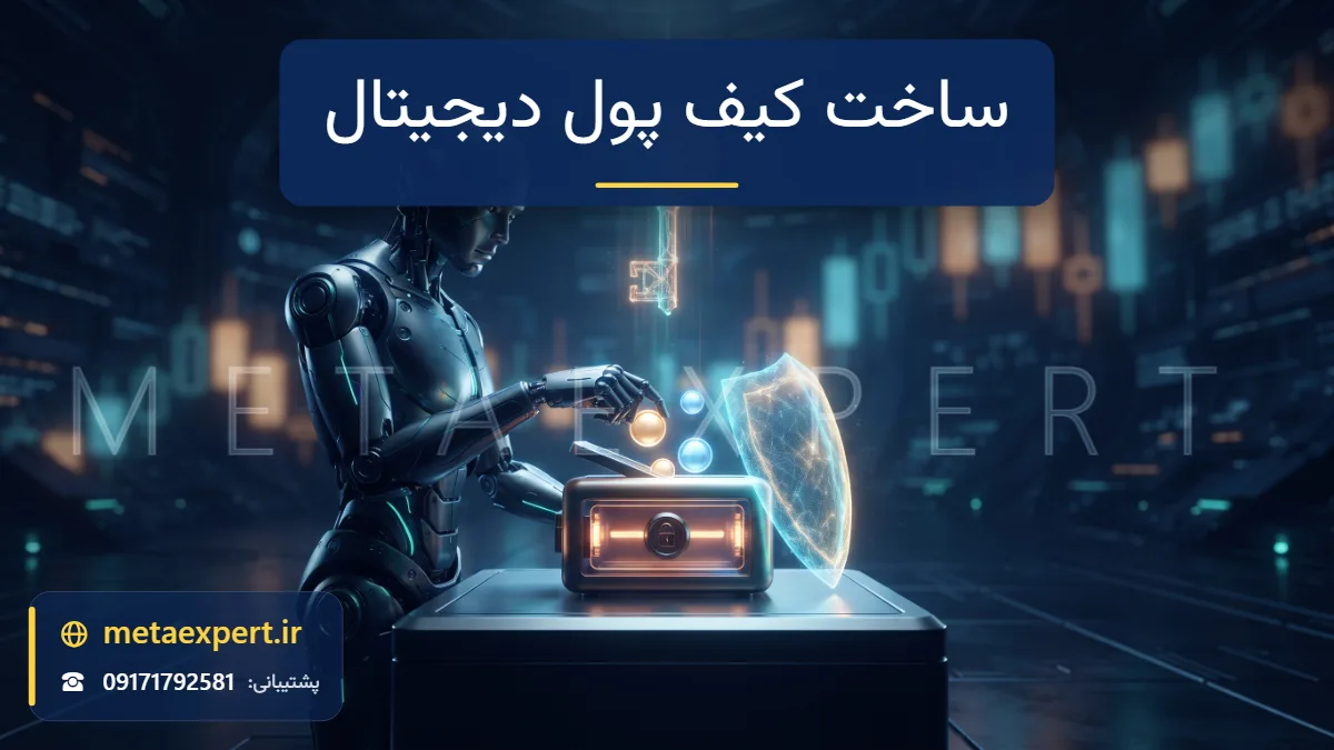 ربات در حال قرار دادن توکن‌های نورانی ساده در کیف پول کوچک گاوصندوق‌مانند که با سپر نور بسته می‌شود و کلید نورانی جداگانه بالای آن برای آموزش ساخت تراست ولت در افغانستان