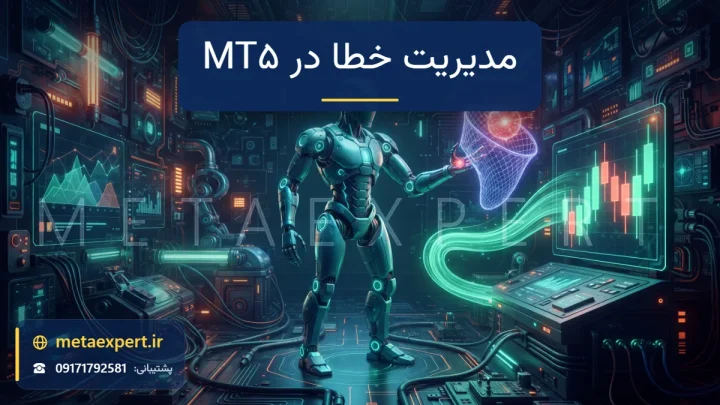 ربات فیروزه‌ای براق در حال گرفتن گوی خطای قرمز جرقه‌زن با تور نورانی و هدایت آن به کانال بازیابی سبز به سمت نمودار شمعی برای آموزش مدیریت خطا در MT5