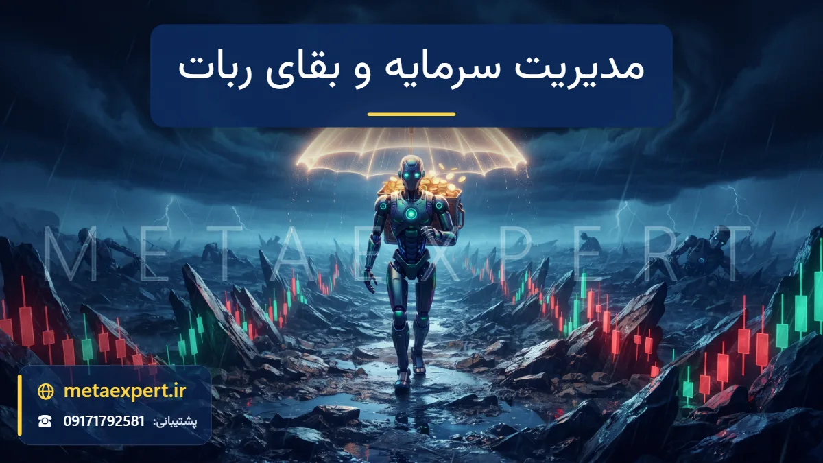 ربات در حال حرکت پیوسته در طوفان طولانی روی منظره کندل‌های تیز با سپر چترمانند نورانی که از کوله‌پشتی سکه تغذیه می‌شود و ربات‌های بدون محافظ افتاده در دوردست برای تاثیر مدیریت سرمایه بر بقای ربات