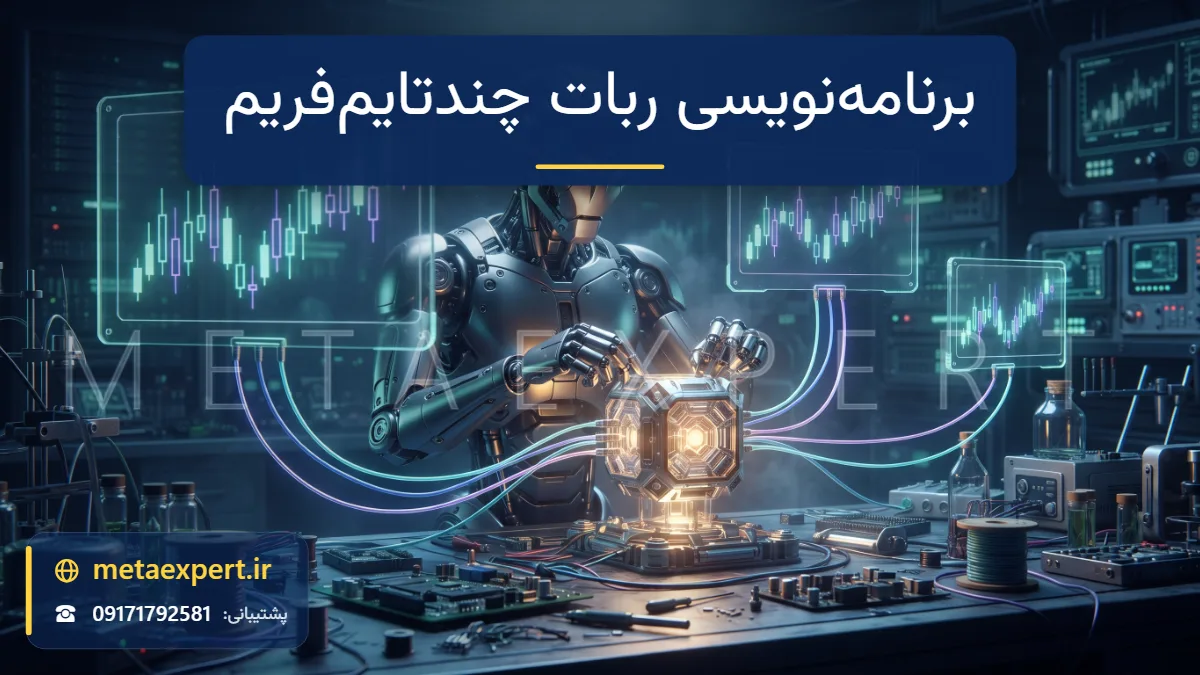 ربات مهندس در حال اتصال کابل‌های نورانی از سه پنل نمودار شمعی در اندازه‌های بزرگ، متوسط و کوچک به یک ماژول هسته نورانی روی میز برای برنامه‌نویسی ربات چندتایم‌فریم