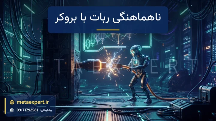 ربات در حال اتصال رابط نورانی به برج ترمینال بروکر با سوکت ناهمخوان و جرقه در محل اتصال و نمودار شمعی لرزان بالای آن برای ریسک هماهنگ نبودن ربات با بروکر