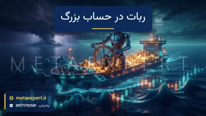 ربات در حال هدایت کشتی باری عظیم نورانی پر از ستون‌های سکه روی دریای آرام اما عمیق شبیه نمودار شمعی با طوفانی در افق برای مزایا و معایب ربات در حساب‌های بزرگ