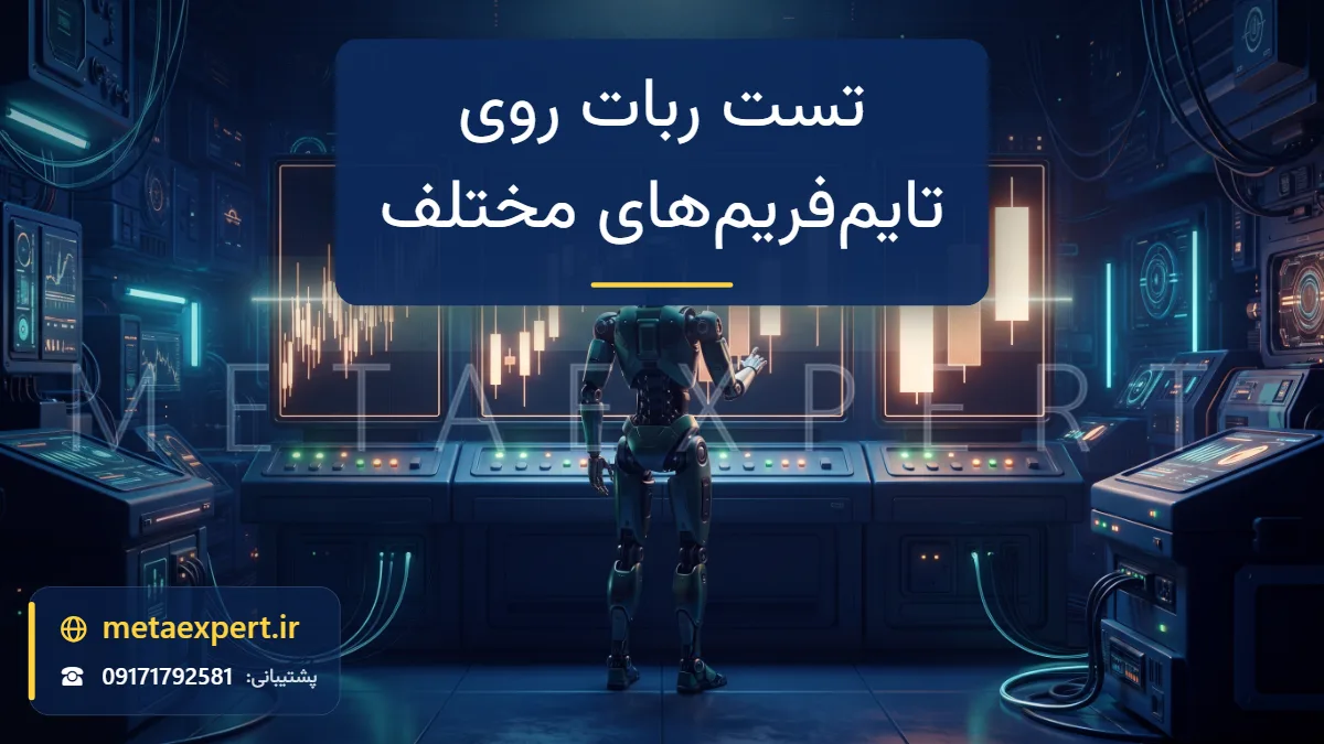 ربات دانشمند مقابل ردیف چهار پنل نمودار شمعی با کندل‌های ریز تا پهن و پرتو اسکن که از همه می‌گذرد و چراغ‌های سبز و کهربایی زیر هر پنل برای تست ربات روی تایم‌فریم‌های مختلف