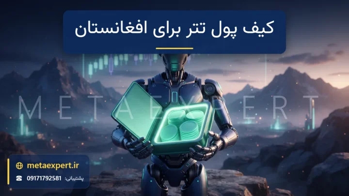 ربات در حال باز کردن کیف پول فیروزه‌ای نورانی با ستون منظم توکن‌های سبز ساده داخل آن و هاله محافظ با نمودار شمعی و کوه‌ها در غروب برای راهنمای کیف پول تتر برای کاربران افغانستان