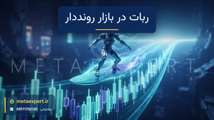 ربات مطمئن در حال حرکت روی تخته نورانی در امتداد موج صعودی پیوسته نمودار شمعی تا افق روشن با ردهای نوری پشت سرش برای عملکرد ربات معامله‌گر در بازار رونددار