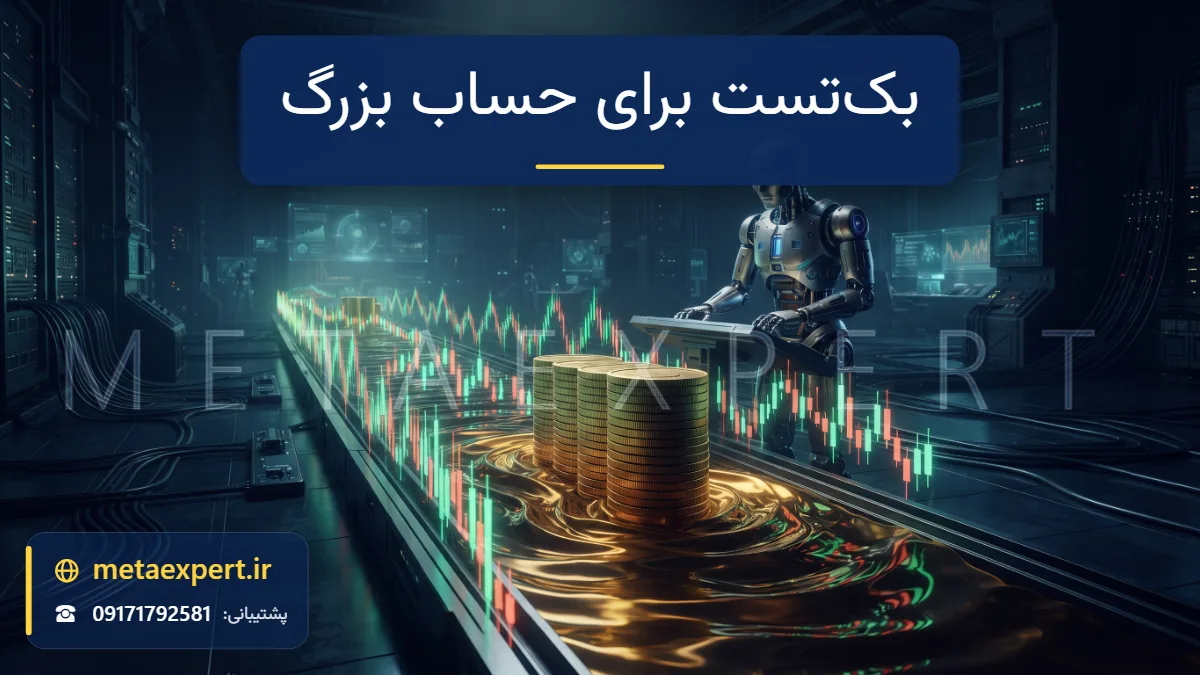ربات دانشمند در سالن آزمون بزرگ در حال تماشای ستون عظیم سکه که در منظره نمودار شبیه‌سازی‌شده حرکت می‌کند و موج‌های لغزش دور آن دیده می‌شود برای بک‌تست ربات برای حساب بزرگ