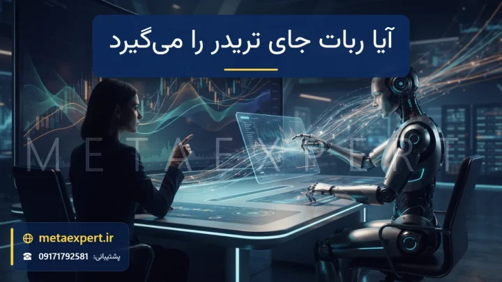 شبح انسان و ربات براق کنار هم پشت میز نورانی مقابل نمودار شمعی که انسان به تصویر کلی اشاره می‌کند و ربات جریان‌های سریع را مدیریت می‌کند برای پاسخ به جایگزینی تریدر با ربات
