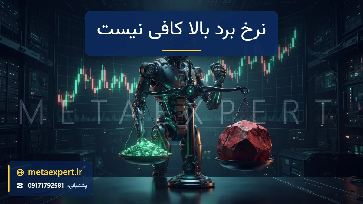 ربات با ترازویی که سنگ‌ریزه‌های سبز کوچک فراوان در یک کفه و یک تخته‌سنگ قرمز بزرگ در کفه دیگر سنگین‌تر از همه است برای چرایی کافی نبودن نرخ برد بالا