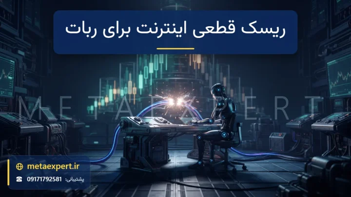 ربات پشت میز با کابل اتصال نورانی به برج نمودار که از وسط با جرقه قطع شده و چشمان ربات کم‌نور شده در حالی که معامله باز بی‌مراقب مانده برای ریسک قطعی اینترنت برای ربات