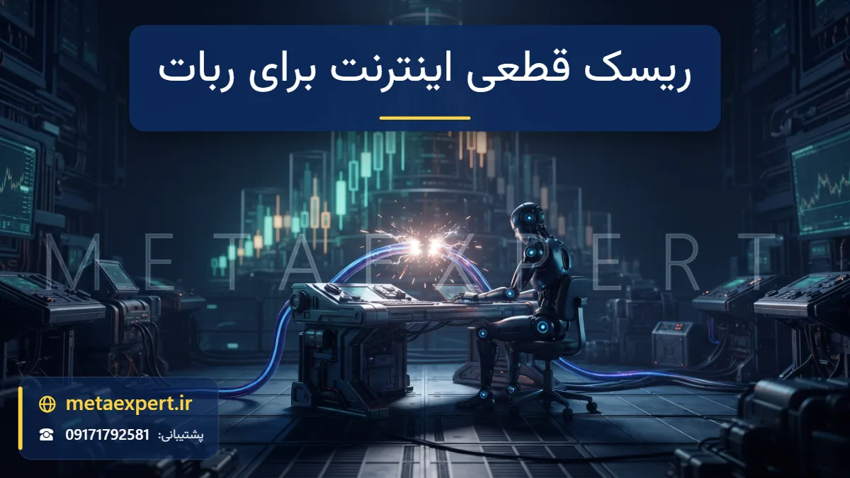 ربات پشت میز با کابل اتصال نورانی به برج نمودار که از وسط با جرقه قطع شده و چشمان ربات کم‌نور شده در حالی که معامله باز بی‌مراقب مانده برای ریسک قطعی اینترنت برای ربات